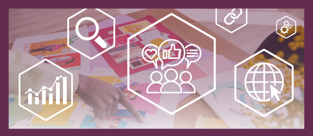 A graphic with abstract icons representing growth charts, search, social engagement, links, gears, and a globe, symbolizing the elements of a consistent brand.